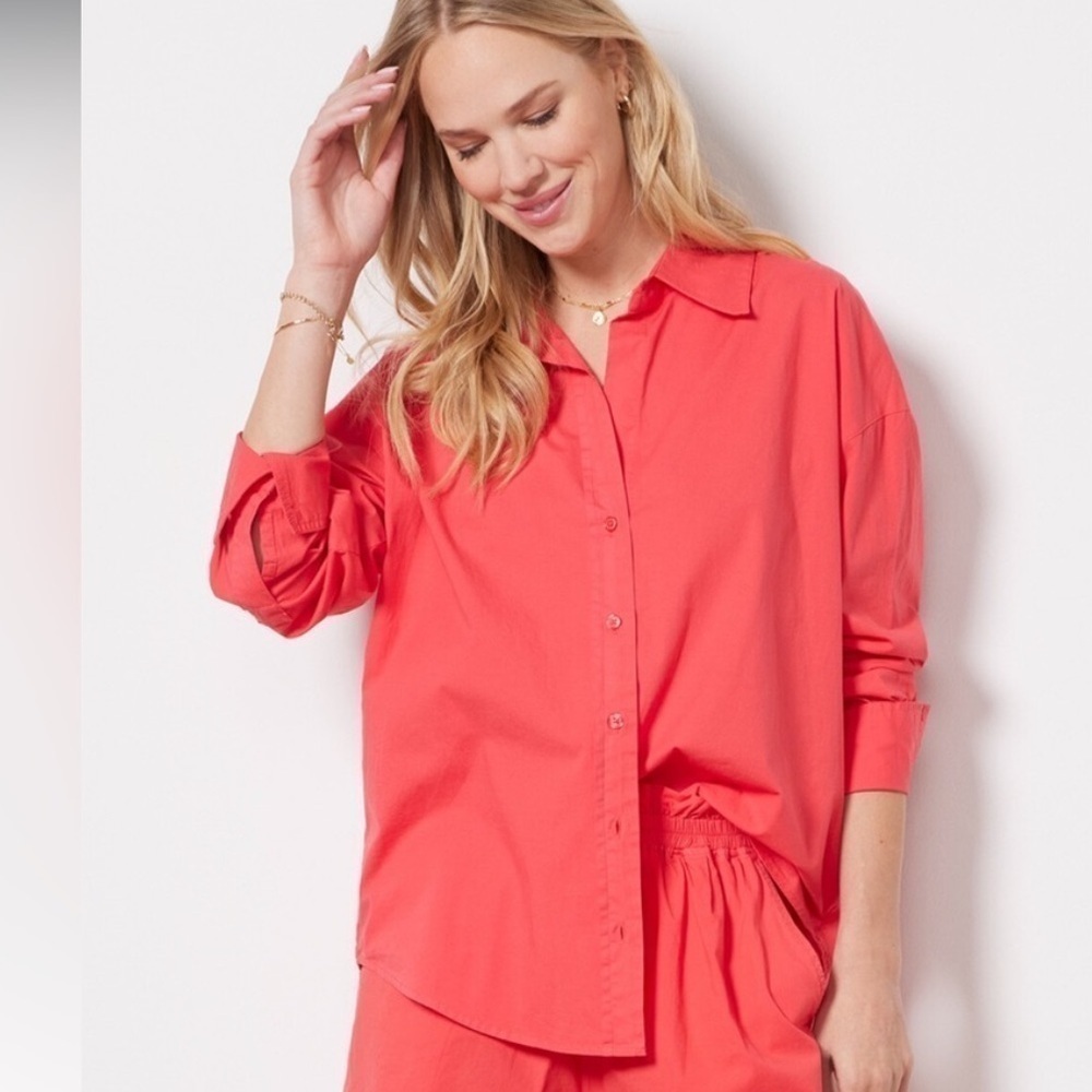 Monrow Evereve Womens Small Coral Pink Poplin Cotton Oversized Button Down Shirt